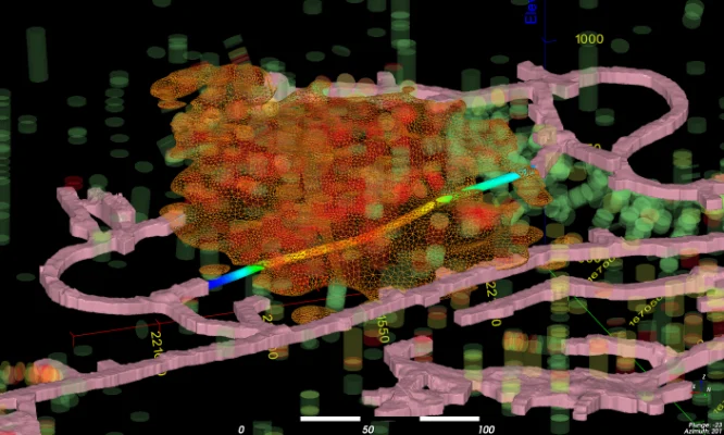 Tetrahedral geological model with proposed tunnel extending existing workings