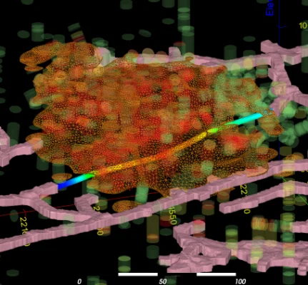 Tetrahedral geological model with proposed tunnel extending existing workings_small